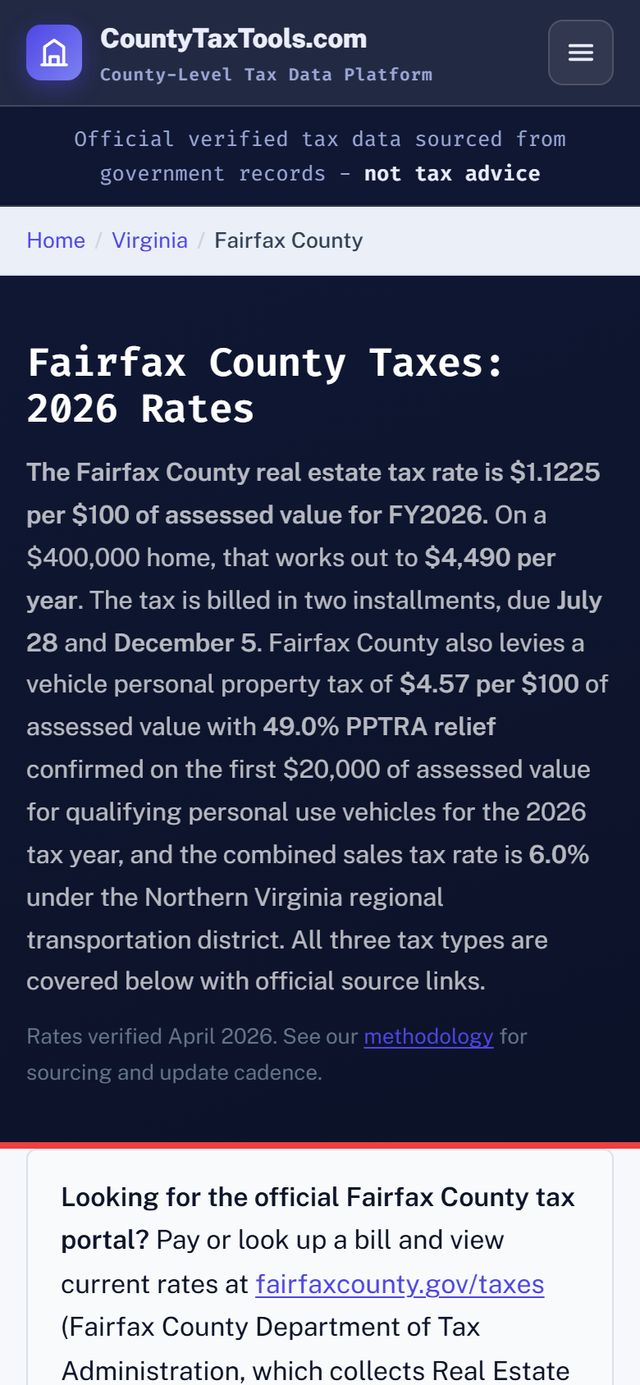 CountyTaxTools - Fairfax County page on a phone