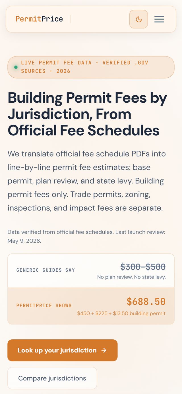 PermitPrice - homepage on a phone