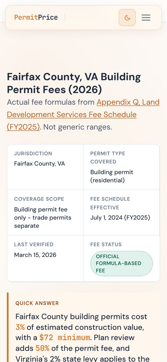 PermitPrice - Fairfax County page on a phone